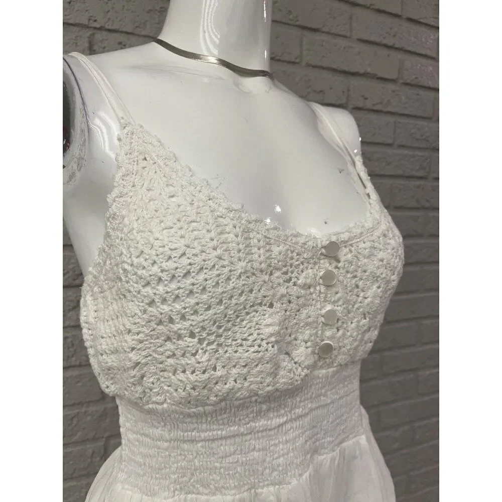 Indian Emporium Women White Cotton Crochet Smock Waist Eyelet Ruffle Dress Size